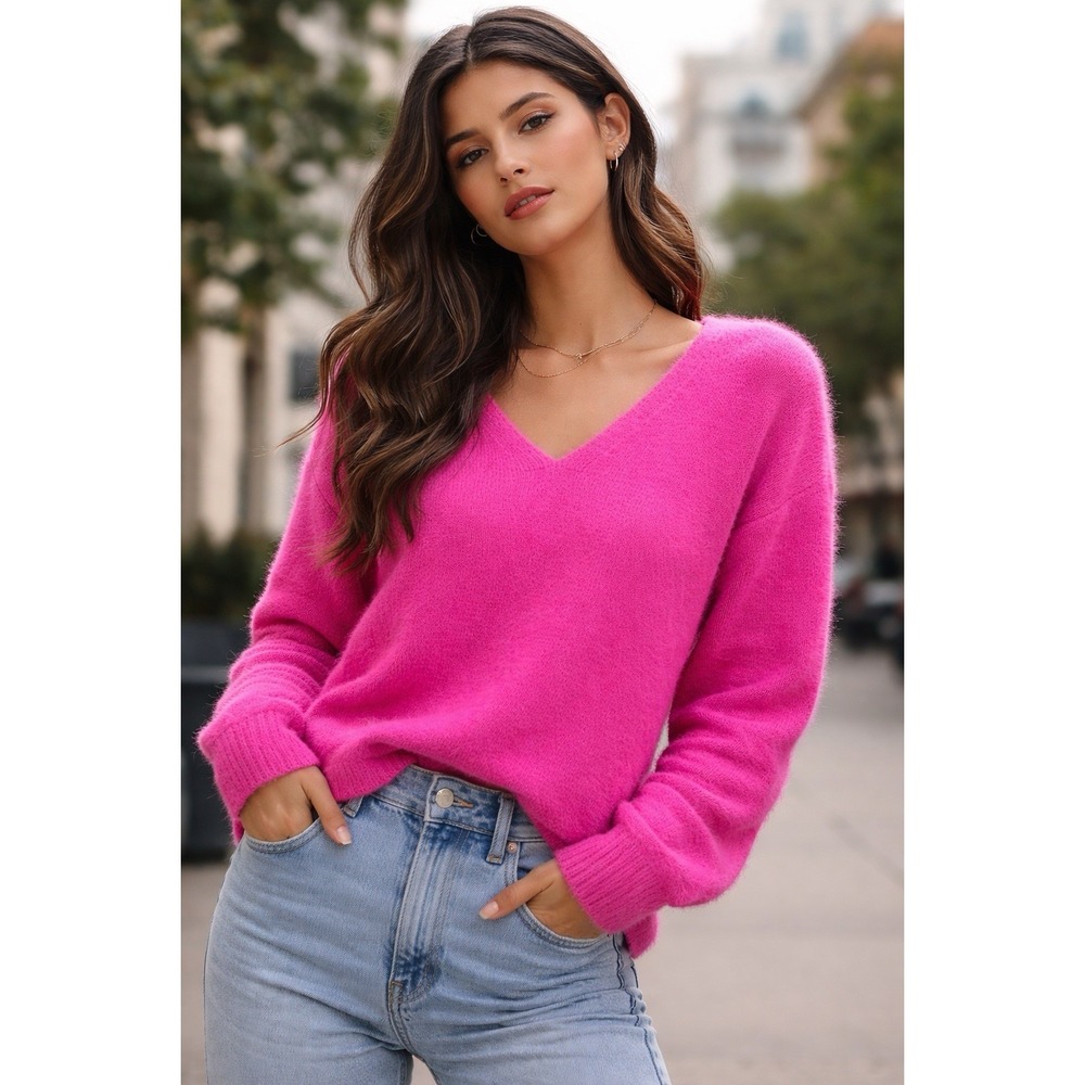 Helmut Lang Pink Fuzzy Sweater XS V-Neck Soft Knit‎ Designer Minimalist Luxury
